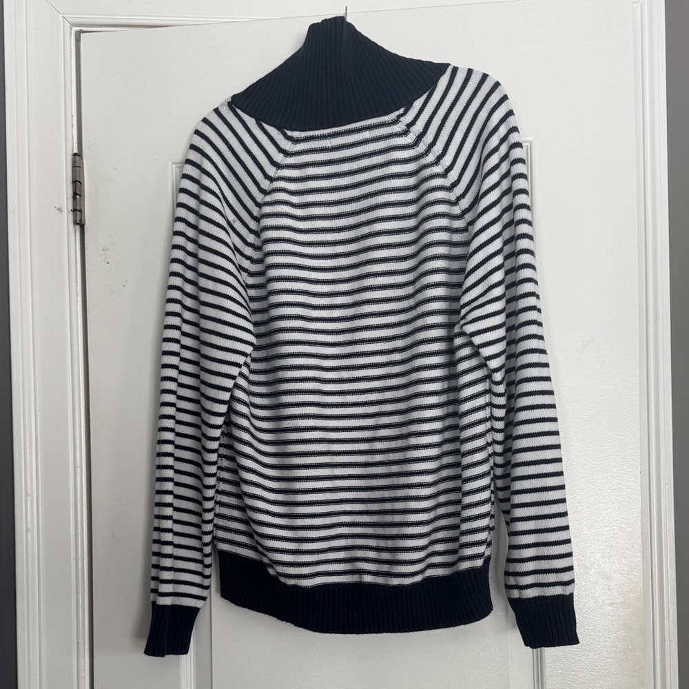 Nautical Striped Shawl Collar Sweater L 100% Cotton Fisherman Pullover Knit - Picture 3 of 6